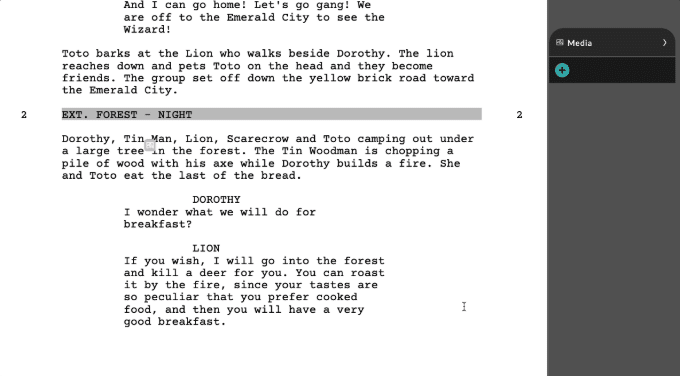 celtx screenwriting software - the wizard of oz
